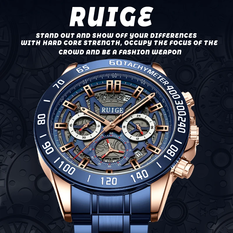 RUIGE Men's Quartz Watch Luxury Waterproof Night Glow Stainless Steel Multi functional Sun, Moon, and Stars Men's Watch