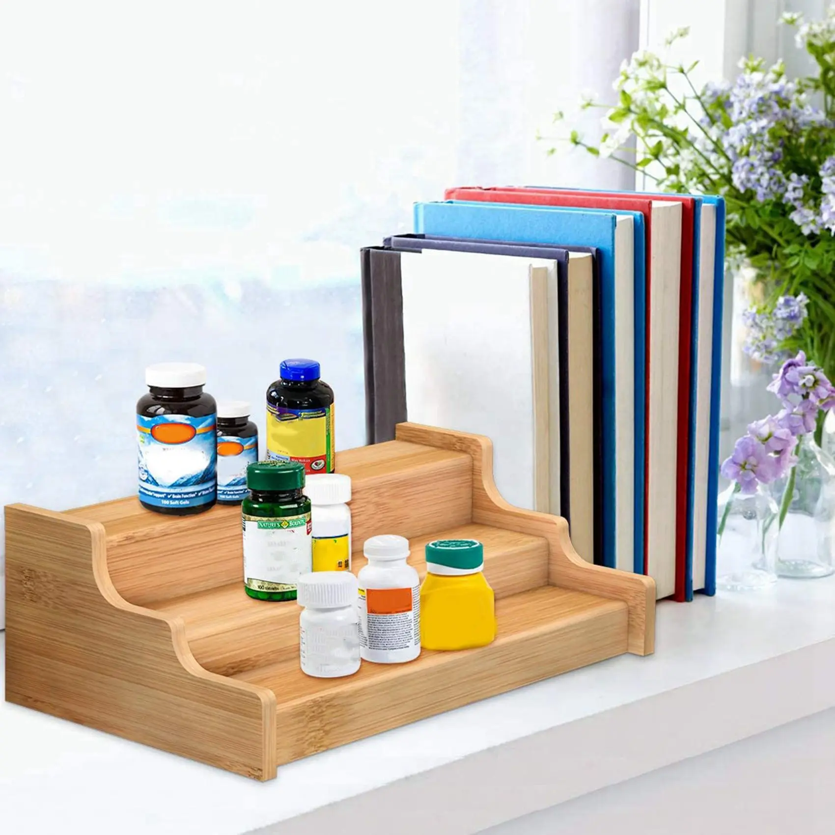 

ABSE-2X Spice Rack Kitchen Cabinet Organizer- 3 Tier Bamboo Expandable Display Shelf, Bamboo 3-Layer Adjustable Spice Rack