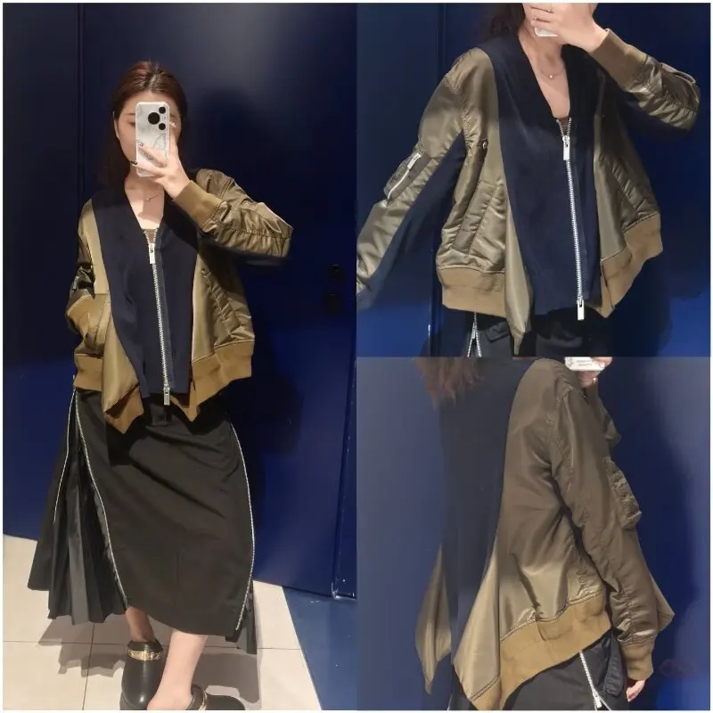 SAC early autumn wool stitching contrasting color hooded loose casual sweater jacket