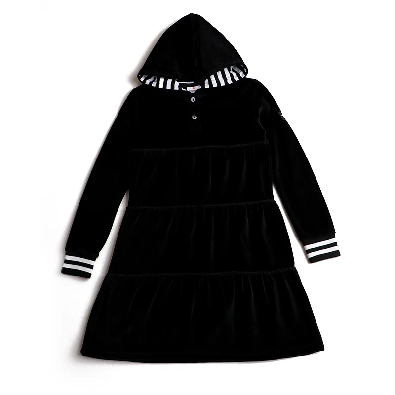 AA-velour hooded set tired dress with hooded lining striped shirt and baby footie romper ribbed family clothing dress for girls