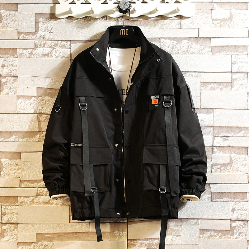 2024 Autumn Men\'s Jacket And Coats Hooded Harajuku Windbreaker Slim Fit Ribbons Outwear