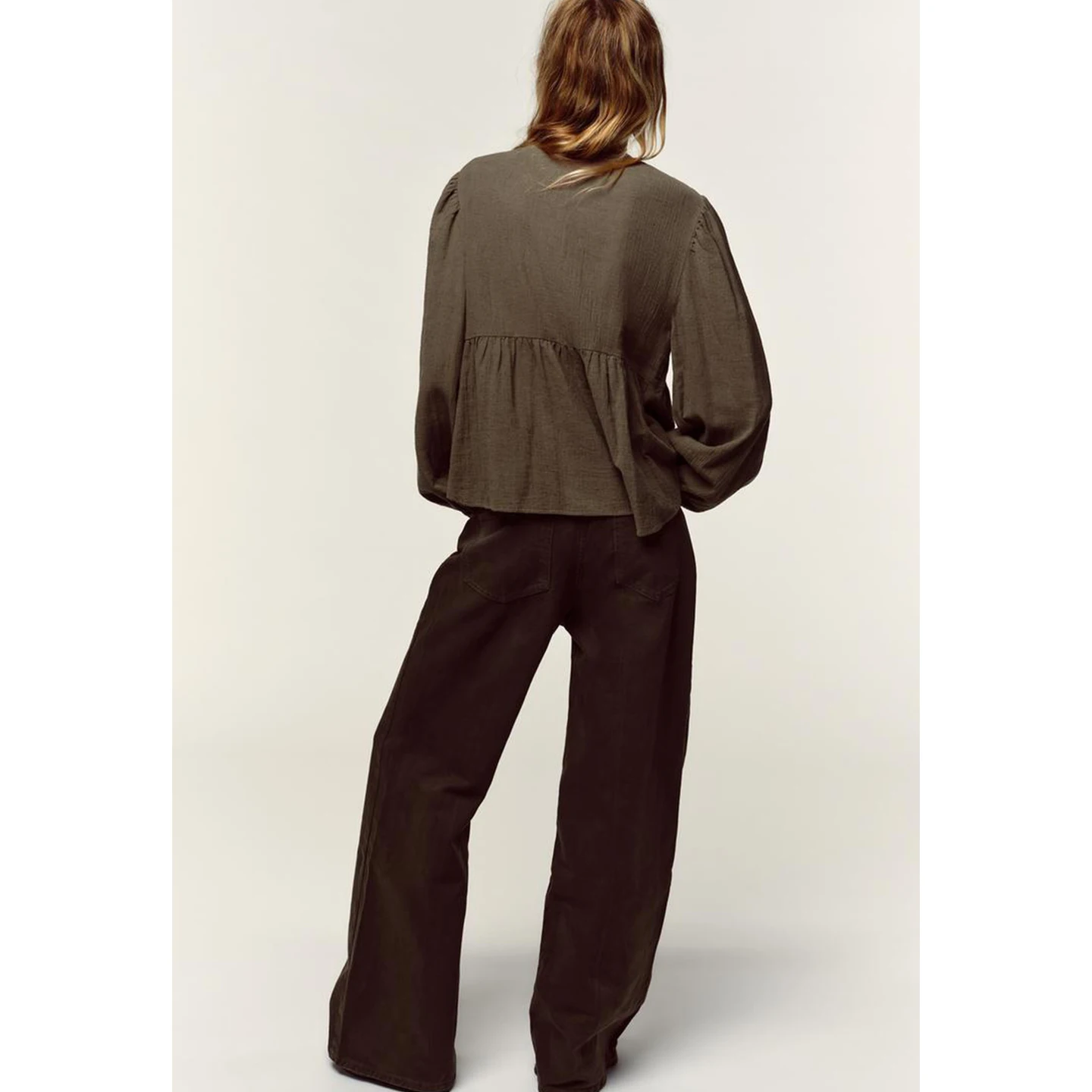 Neue Herbst Damen runde Ne Long Sve bestickt Farbe Blo irt Top Französisch Sle Loose Fit Polyester atmungsaktiv