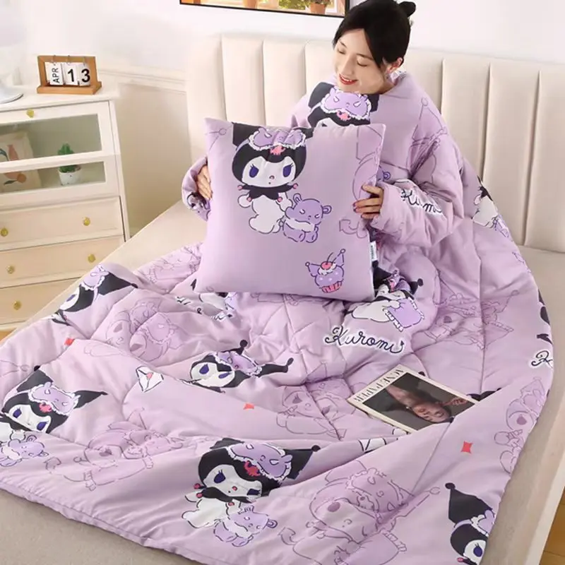 

Sanrio Lazy Quilt Hello Kitty Kuromi Multifunctional Pillow Quilt with Sleeves Zipper Office Warm Cute Pillow Girl Birthday Gift