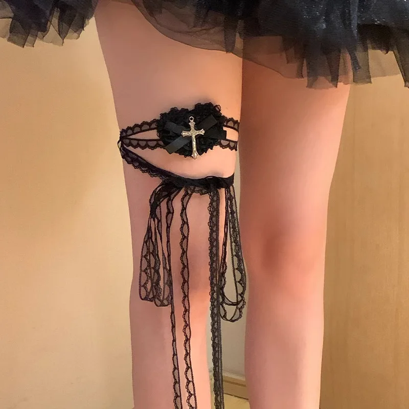Панк-маска для глаз с крестом, женская Лолита, косплей, повязка на глаза, готический Хэллоуин, сердце, бант, кружевные очки, цепочка на ногу, аксессуары