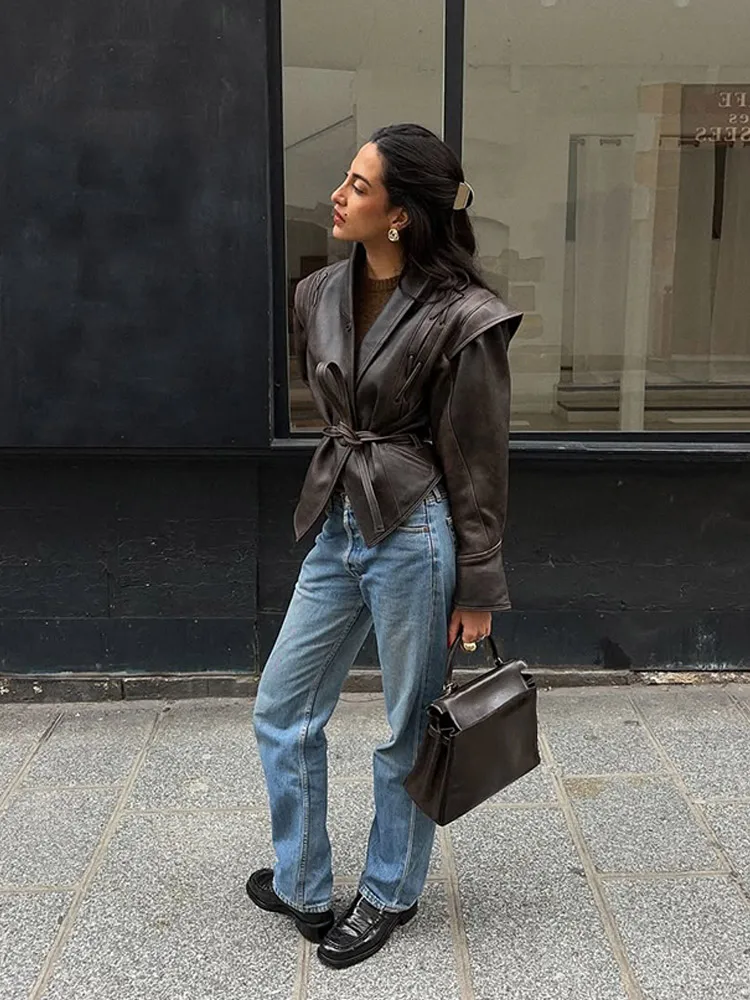 Women Fashion V-neck Lapel Belt Leather Jacket Chic Lace Up High Waist Full Sleeve Overcoat 2025 Lady Autumn High Street Outwear image 2
