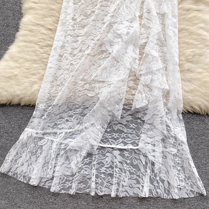 Women Sexy Perspective Lace Sling Dress New Fashion Women Design Long Dress Summer Base White Ruffled Backless Dress