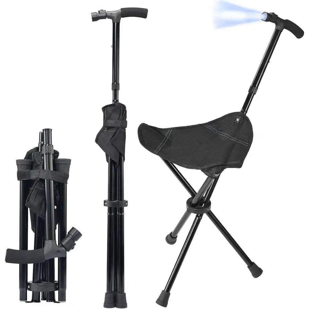 

Adjustable Lightweight Folding Walking Stick with Seat and LED Light for Seniors