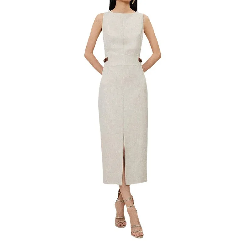 Women Dress Mid Length Dresses Solid Vestidos Round Neck Sleeveless Slim Fit Casual Elegant Splice Tight Waist Summer 2024