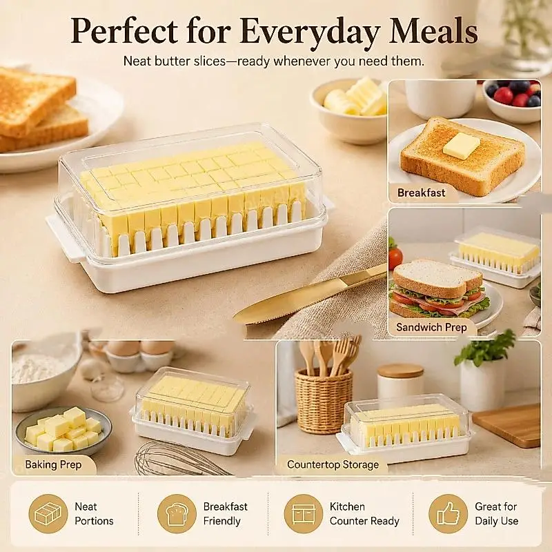 Food Grade Butter Keeper With Slicing Grid And Transparent Dustproof Lid For Home Kitchen Baking Fresh Storage