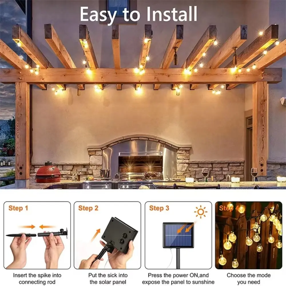 200 LEDs Solar String Lights IP65 Waterproof 22M Length Outdoor Garden Lights Crystal Globe Design 8 Lighting Modes