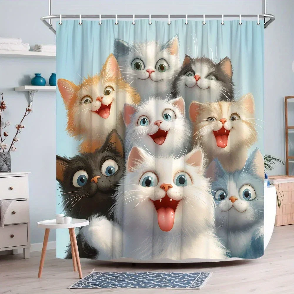 Adorable Cats Shower Curtain - 9 Playful Faces, 12 Hooks, Washable Polyester, Cat Lover Gift