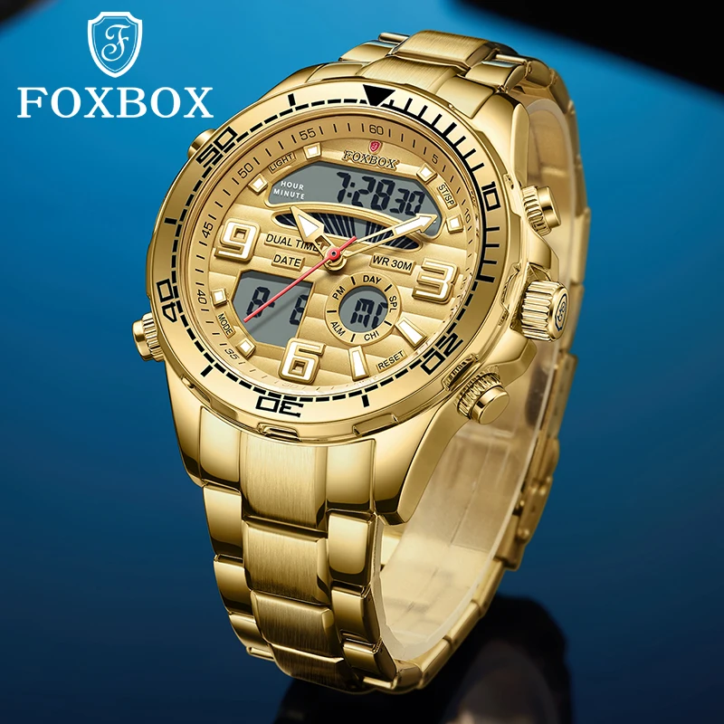 LIGE Top Luxury Watches Men FOXBOX LED Big Dial Military Mens Watch Stainless Steel Waterproof Quartz Wristwatches Reloj Hombre