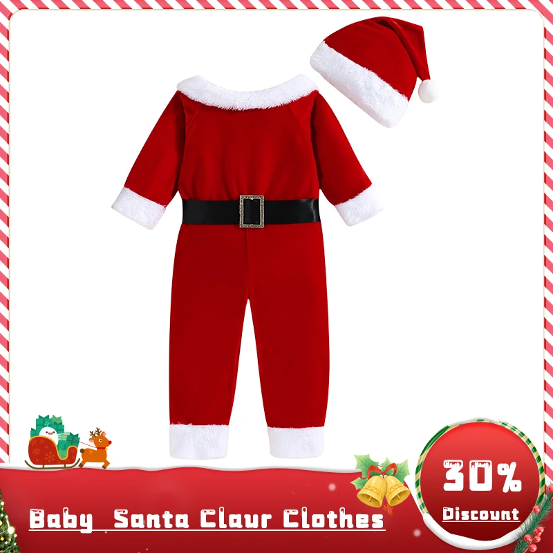 Christmas Baby Clothing Infant Red Santa Claus Style Long Sleeve Cotton Boys and Girls One Piece Hat Set Kids New Year Costume