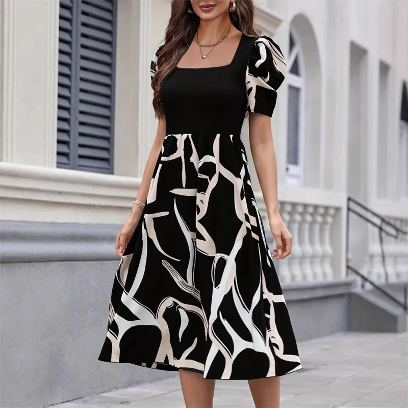 

Commuter Knitted Printed Elastic Square Neck Slim Fit Short Sleeved Bubble Sleeve Dress New Women'S Clothing