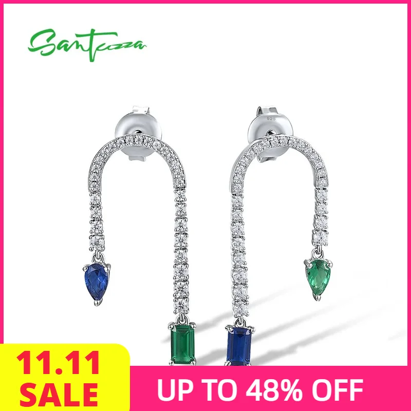 

SANTUZZA настоящие висячие серьги из стерлингового серебра 925 пробы для женщин, сверкающий синий и зеленый камень, шикарные ювелирные украшения на годовщину свадьбы