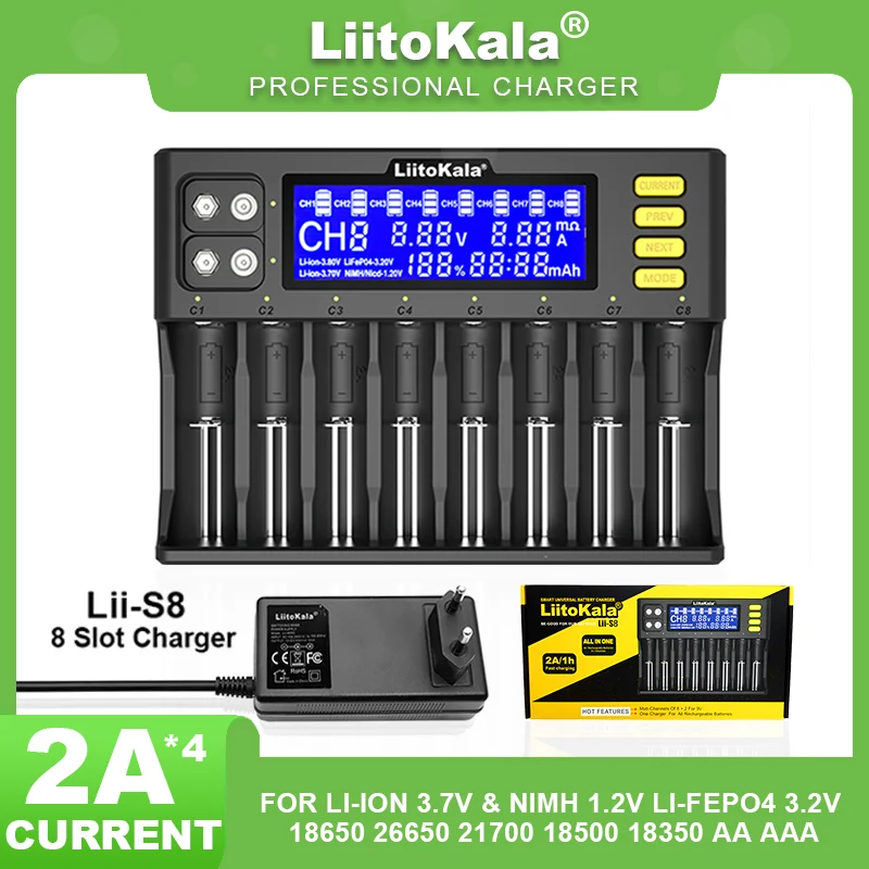 LiitoKala Lii-S8 LCD 18650 Li-ion 3.7V NiMH 1.2V Li-FePO4 3.2V IMR 3.8V For 26650 21700 26700 18350 AA AAA 9V Battery Charger