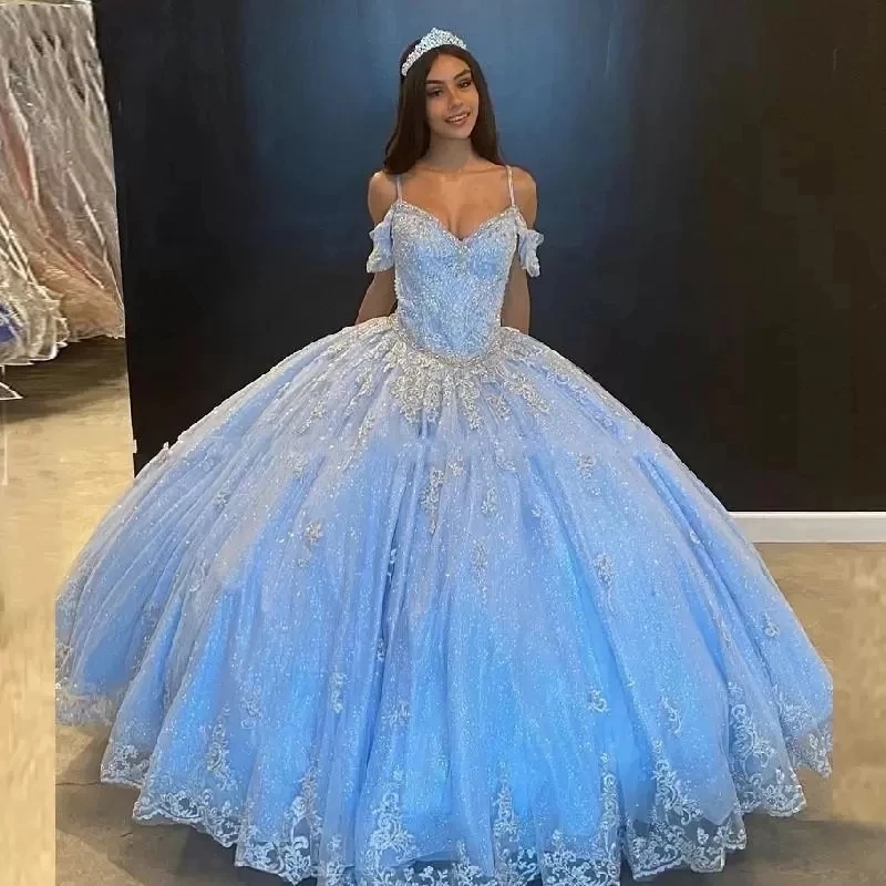 

ANGELSBRIDEP Blue V-Neck Ball Gown Quinceanera Dresses Vestidos De 15 Anos Fashion Applique Beaded Birthday Princess Party Gowns