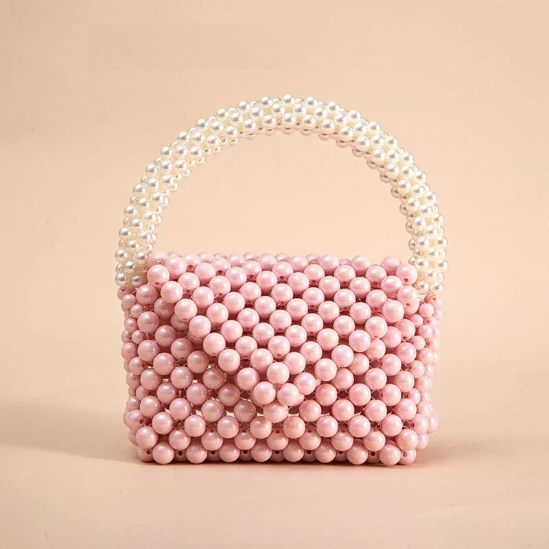 

DIY Handwoven Pink Vintage Women's Bag New Mini Fresh Acrylic Fantasy Pearl Beaded Handheld Handbags for Women Customization