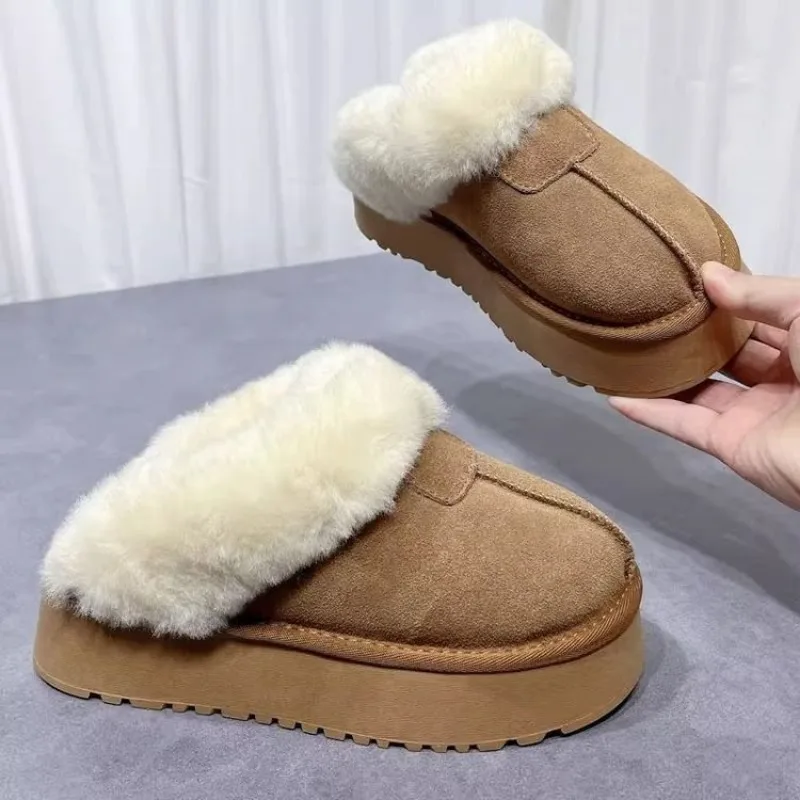 2024 Autumn/winter New Women's Thickened Fleece-lined Snow Boot Slippers Increased Heel High Top Fluffy Drags Rubber Outsole