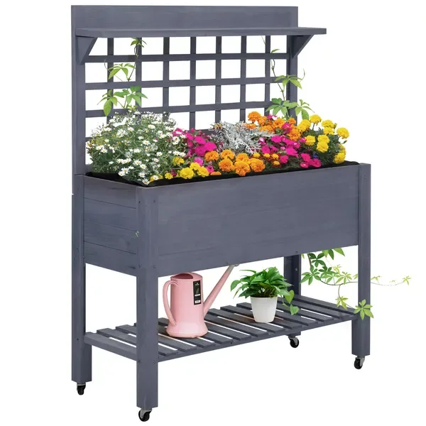 Rolling Garden Bed with Trellis and Storage Shelf, Wooden Planter Box, Gray
