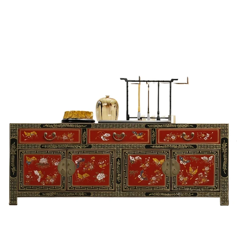 

Антикварный китайский дизайн, консольный столик из цельного дерева, имитация старой латунной двери, ящик, длинная ножка, многофункциональный шкаф для телевизора