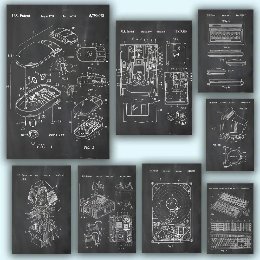 Computer Patent Blueprint Painting Calligraphy Fade-Resistant Wall Art Print, Vibrant Non-Sticky Decor Poster For Home Bar