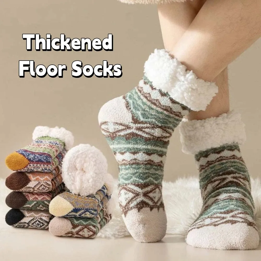 

Винтажный стиль, плюшевые толстые термоноски, средние носки-тапочки в этническом стиле, утепленные нескользящие носки для сна, подарки