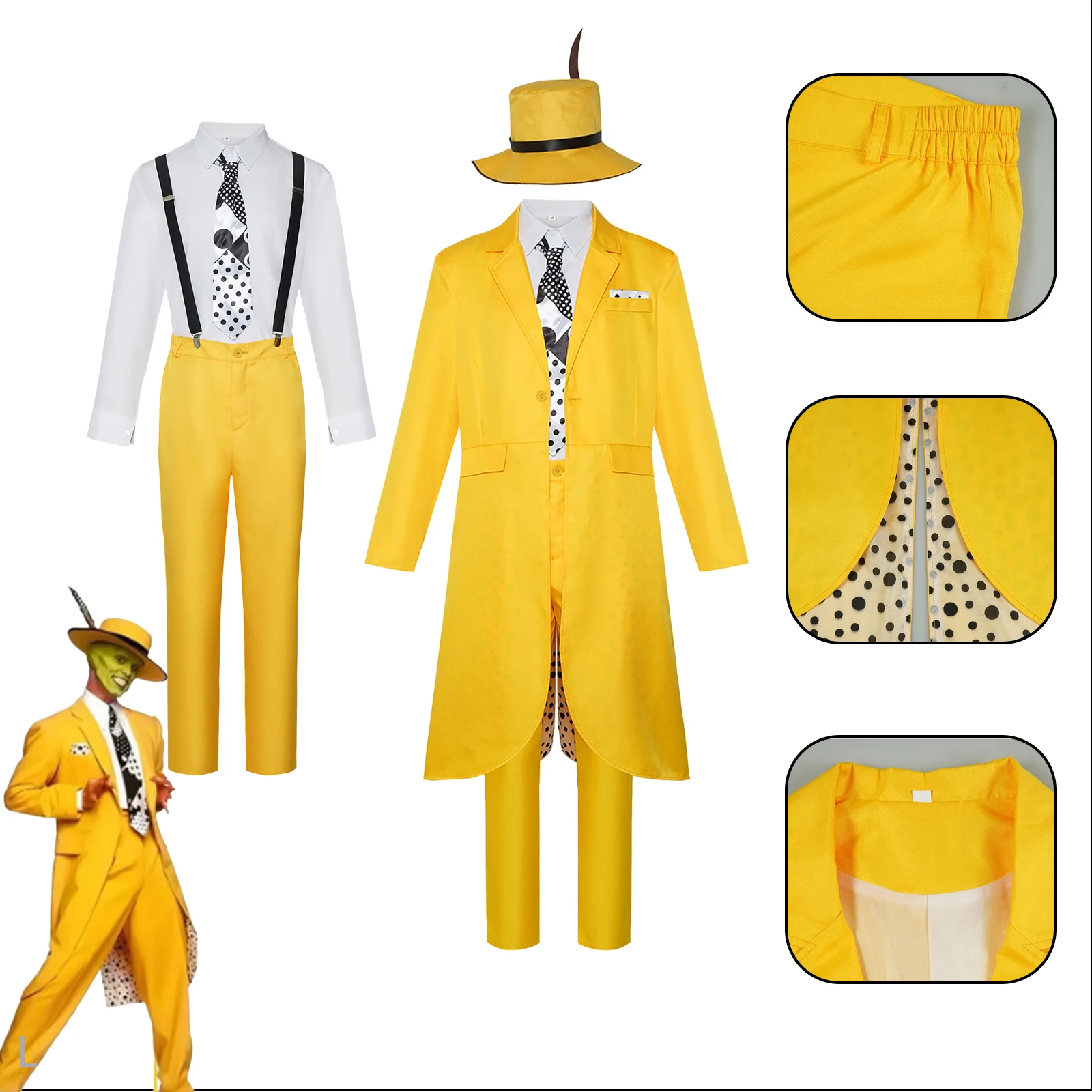 Movie The Mask Costume Jim Carrey Cosplay Joker Clown Dress Up Anime Yellow Uniform Suit Hat Halloween Party Outfit for Adult