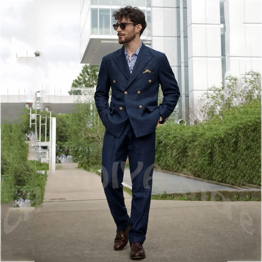 

Stylish Denim Men's Double Breasted Suit 2 Pieces Peak Lapel Blazer Pants Set Business Casual Wedding Groom Formal Outfit Daily