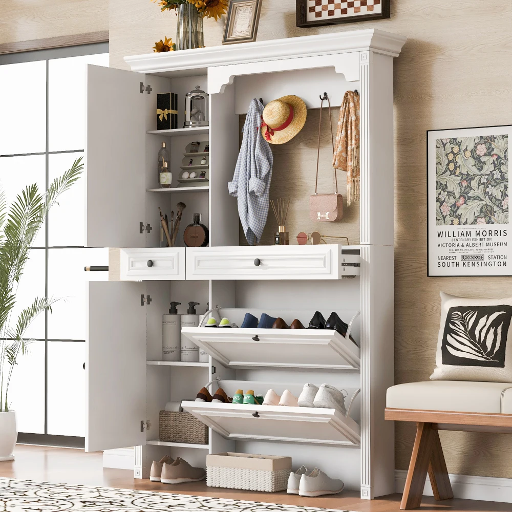 

54.7'' Hall Tree with Integrated Shoe Cabinet，Mirrored Cabinet Door,Coat Hanger,2Flip Drawers,4Hooks and 2 Cabinets for Entrance