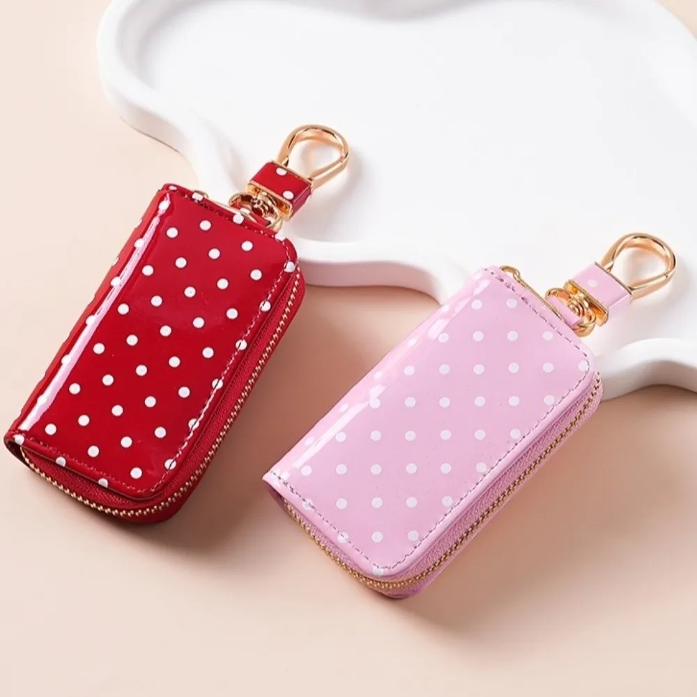 Durable Polka Dot Key Pouch Metal Clasp Compact Zipper Key Protection Cover Water Resistant Pu Leather Small Wallet Bag Pendant