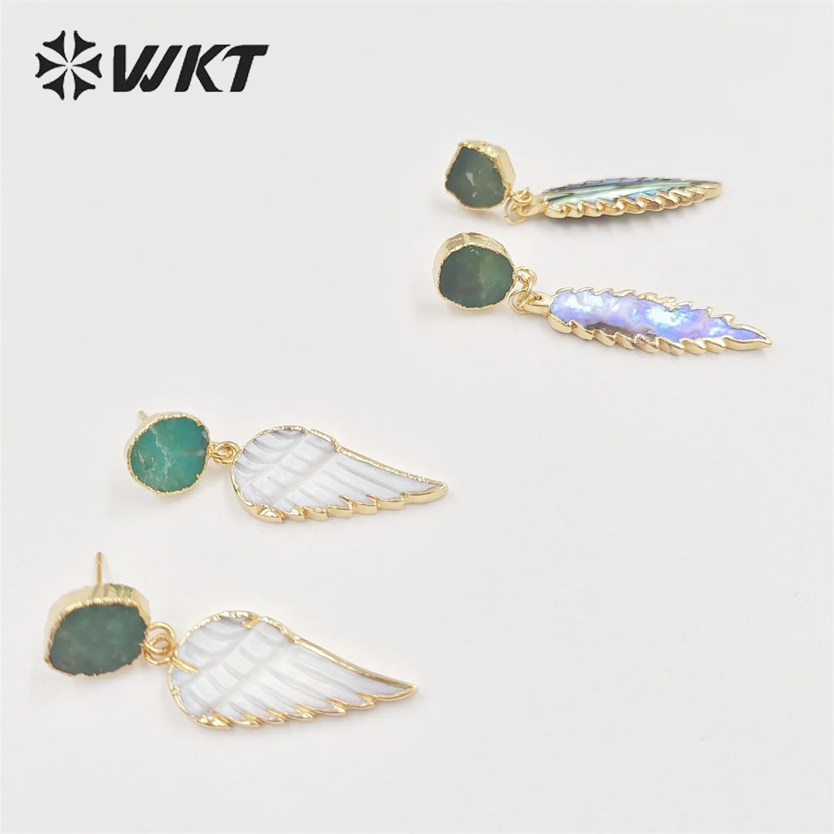 WT-MPE076 WKT 2025 HOT SALE Earrings Shell&Chrysoprase Natural Feather Shape Fashion Style Earrings For Exquisite Gift Party