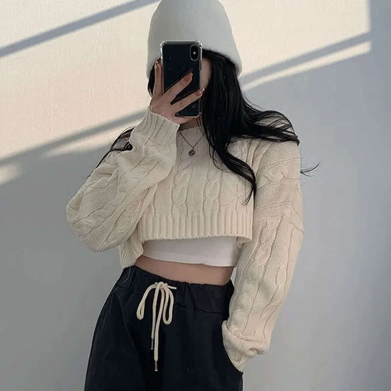 

Korean Style Solid Short Sweater Women Autumn New Loose O-Neck Long Sleeve Knitting Pullovers Fashion All-matched Knitwear