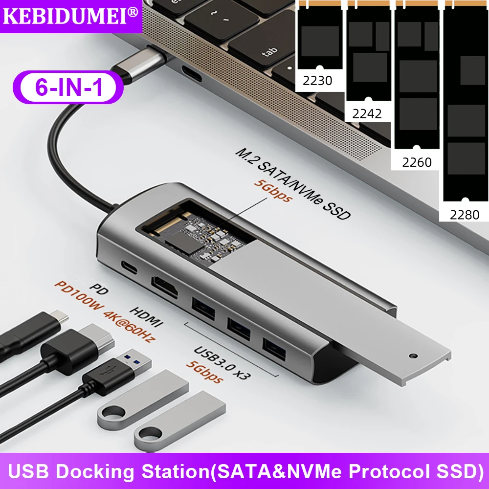 

6-IN-1 USB C HUB Hard Disk Enclosure Docking Station M.2 NVMe SATA SSD Dual Protocol Type C to HDMI Adapter For Macbook Pro