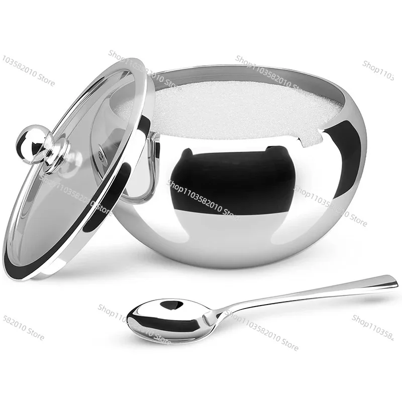 304 Stainless Steel Spice Jar with Spoon & Glass Lid, Kitchen Storage Box Sugar Bowl