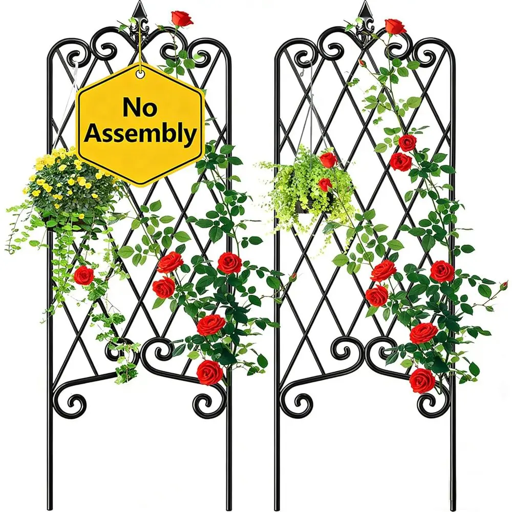 47 x 16 Black Iron Plant Trellis for Potted Vines, Vegetables, Flowers - Rustproof Metal Lattice Panels, 2 Pack