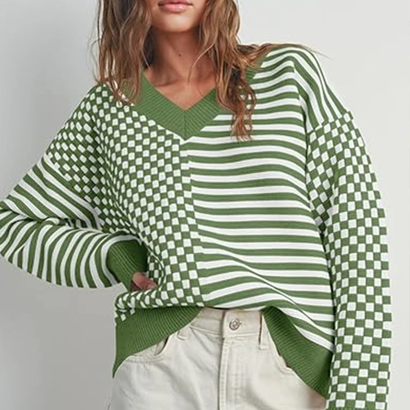 V-neck Green White Tartan Streak Sweater For Female Loose Casual Sports Pullovers Autumn Winter Knitted Women's Long Sleeve Top