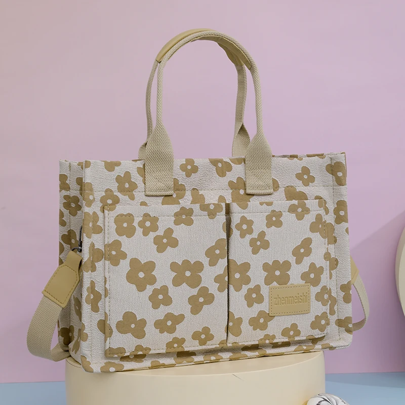 Bolso de hombro de lona con estampado de flores para mujer, bolsa de mano de viaje para la universidad, informal, de gran tamaño