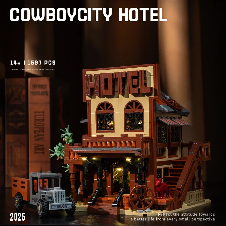 Western Cowboy City Hotel Truck Street View Building Blocks Set - MOC West Town Architecture Assembly Bricks Toy for Kids Gifts