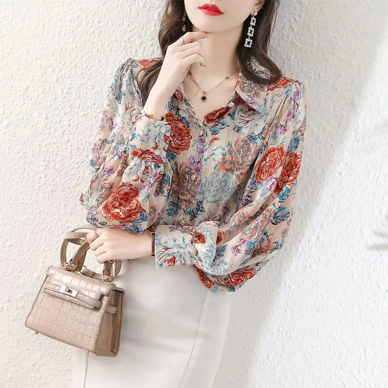 Office Lady Vintage Elegant Floral Printed Blouse Spring Autumn Single-breasted Women\'s Clothing Lapel Loose Long Sleeve Shirt