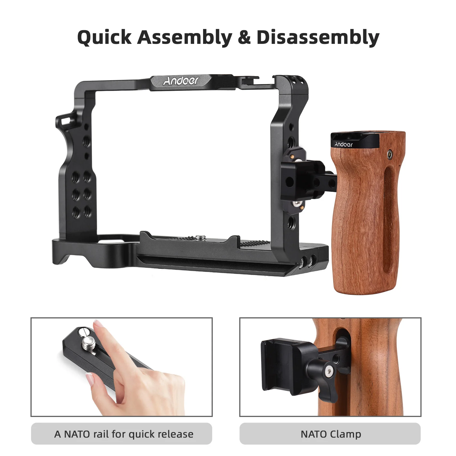 Universal Top/ Side Handle for Camera Cage Left/ Right Side Handgrip with NATO Clamp Cold Shoe Mount Up & Down , 2 Pack cage