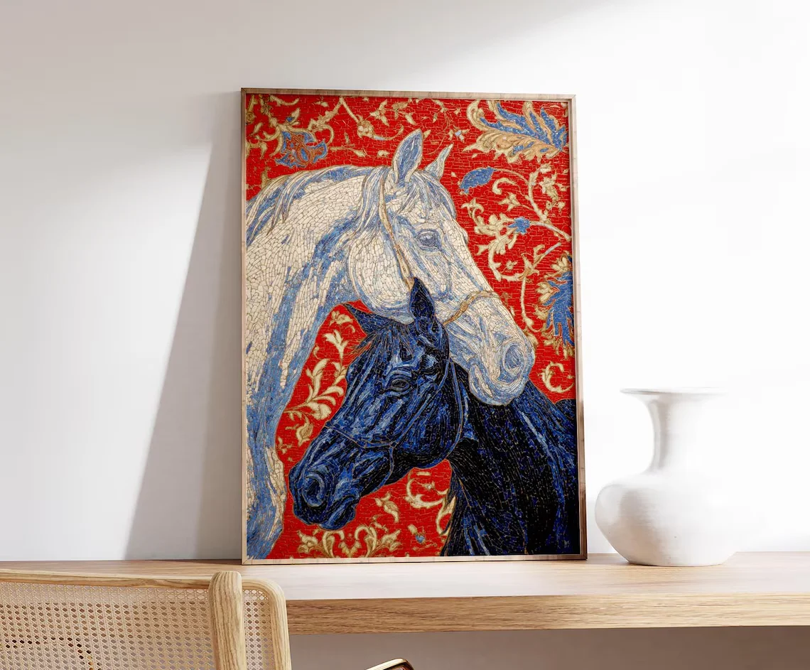 Regal Equestrian Mosaic Wall Art - Timeless Print Celebrating the Grace of Horses. The Deep Red Backdrop and Shimmering Gold Flo