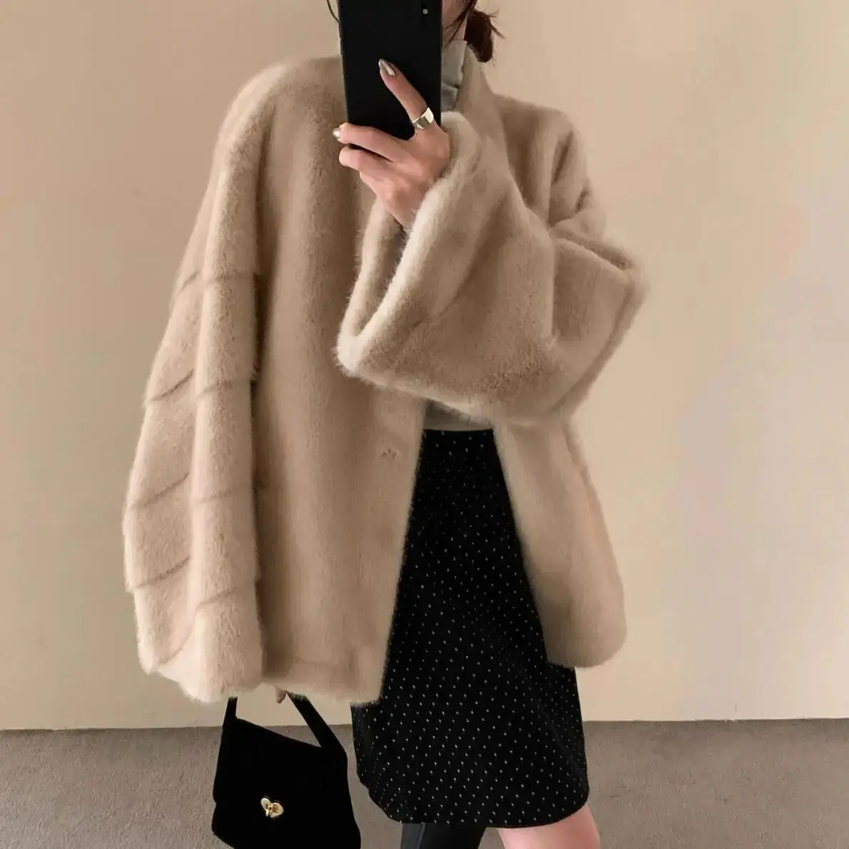 

Women Stand Collar Long Flare Sleeve Midi Outerwear Warm Winter Brown Embossing Strip Line Pattern Faux Mink Fur Coat CHIC