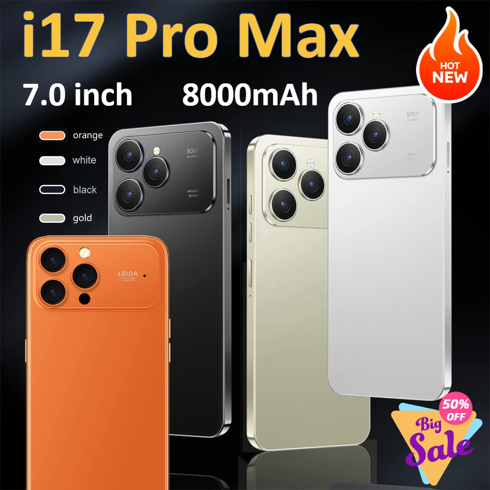 2026 HOT i17 Pro Max téléphones portables Original 7.0HD 5G double carte Smartphone bon marché 8000mAh Android Version mondiale téléphones mobiles