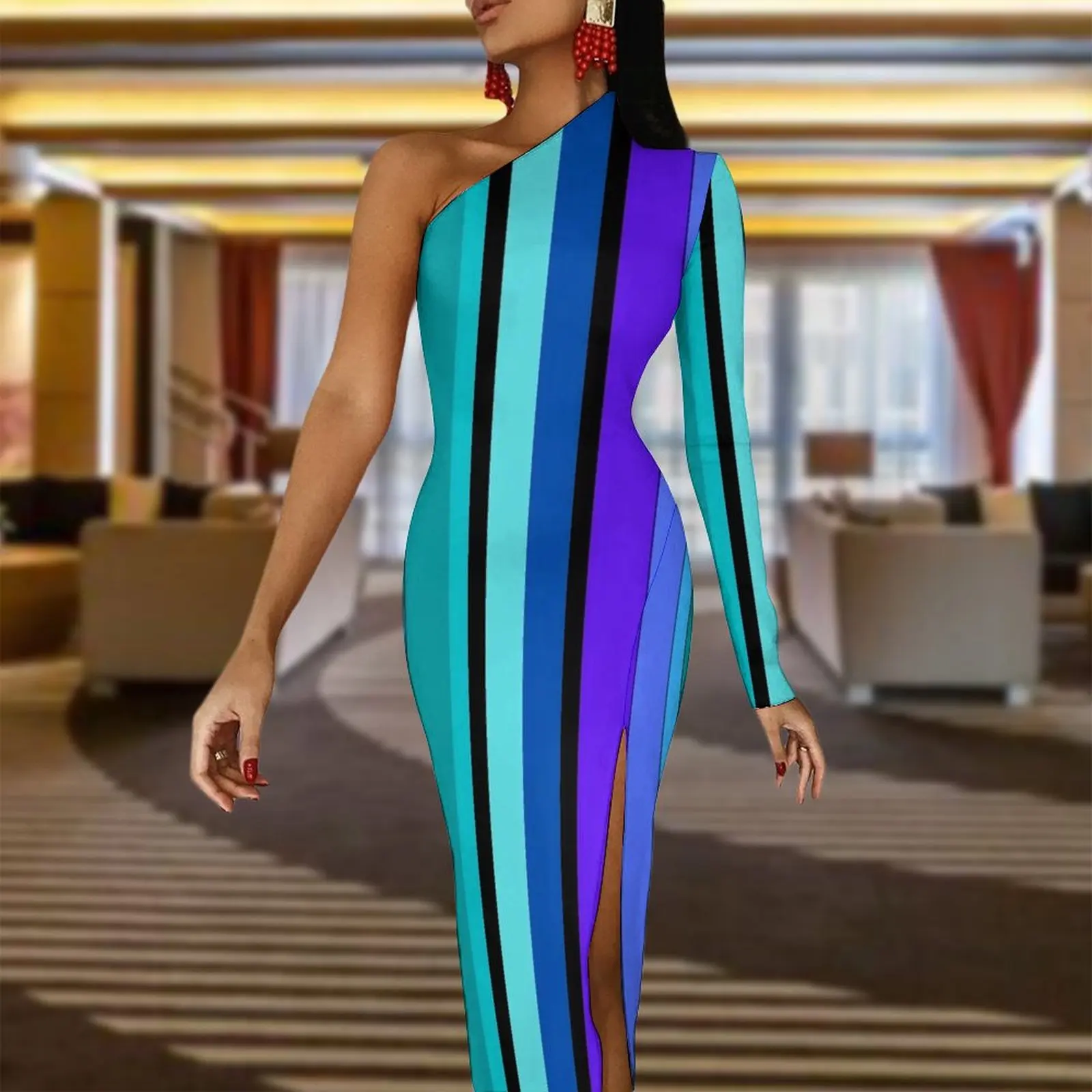 Colorblock Maxi Dress Long Sleeve Rainbow Pinstripe Party Bodycon Dresses Autumn Pretty Dress Female Graphic Vestido