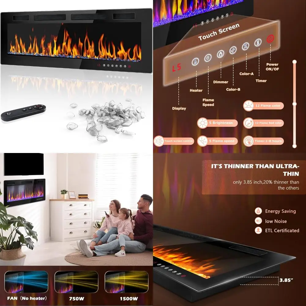 

36-дюймовый настенный электрический линейный камин с подогревом 750/1500 Вт, сенсорной панелью управления и встраиваемым дизайном для современного дома