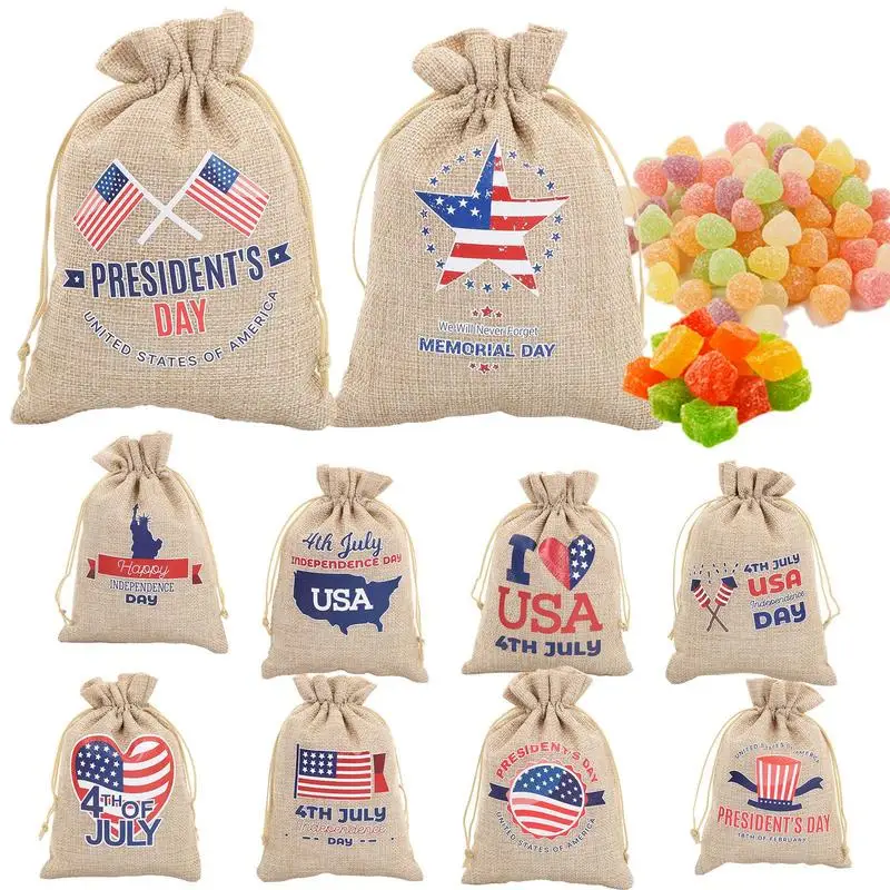 

Patriotic Drawstring Burlap Bags Red Blue White Star Burlap Gift Bags 10pcs US Flag Bag Patriotic Stars Candy Goodie Treat Bag