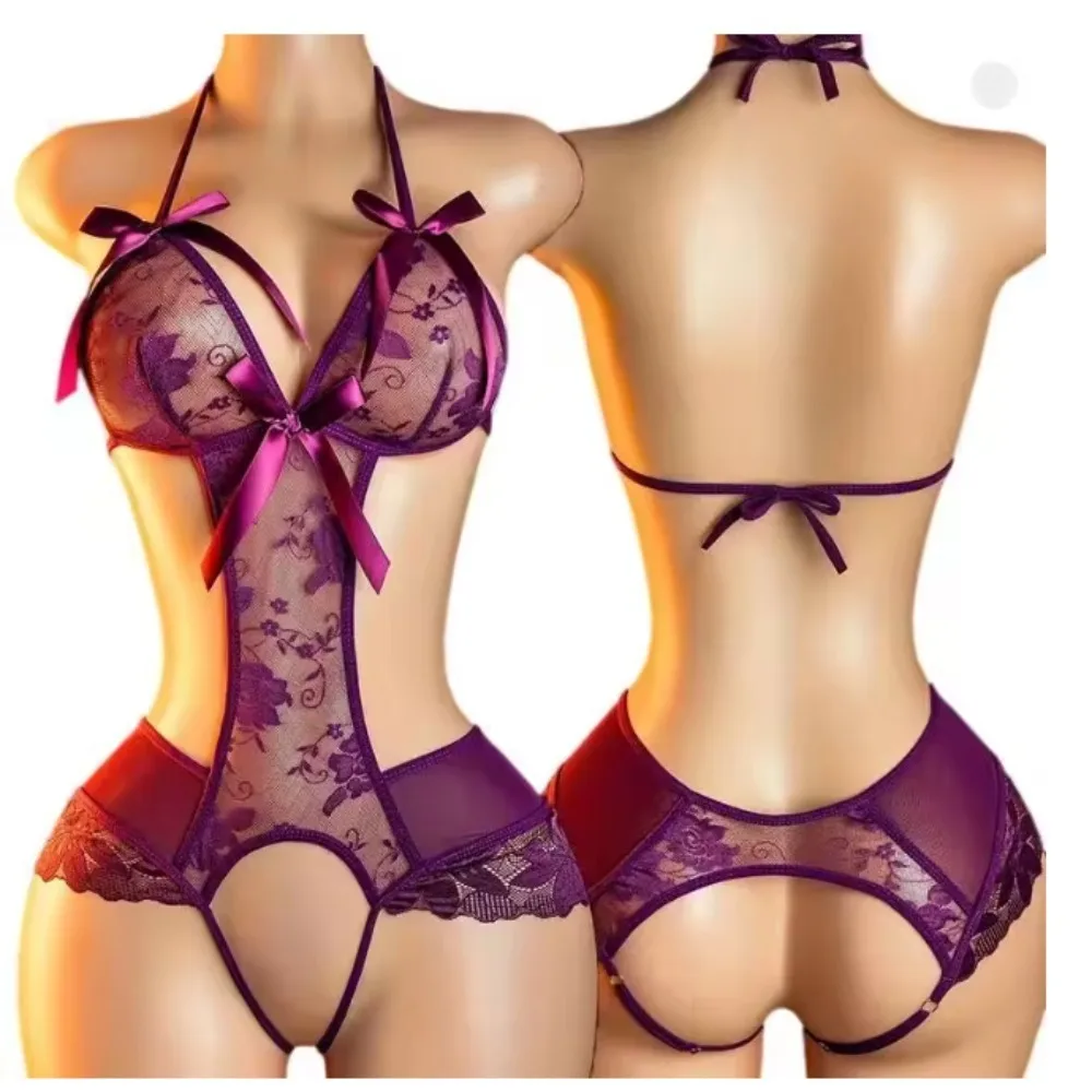 Purple Crotchless Babydolls & Chemises Hot Woman Sexy Bodysuit Teddy Lingerie Naughty Transparent Erotic Costume Porno Underwear