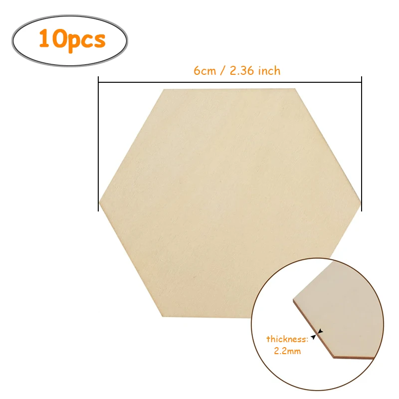 10pcs 6cm Unfinished Hexagon Wood Pieces, Natural Blank Wooden Hexagon Tile Slices for DIY Crafts Coaster Holiday Wall Decor