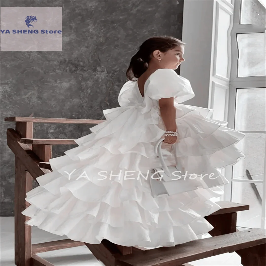 Elegant Flower Girl Dresses for Wedding Party Short Sleeves Puffy Stratification First Communion Gown Kids Birthday GIFT